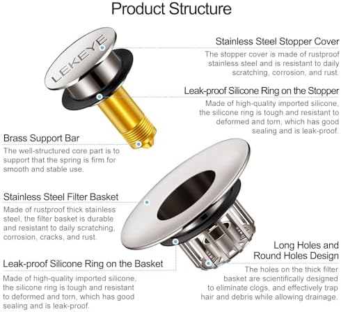 LEKEYE Tub Stopper | Shower Drain Hair Catcher | Pop-up Drain Stopper with Strainer | Bathroom Bathtub Plug | Drain Protector for 1-1/2 to 1-3/4" Bath Drain Hole - Brushed Nickel
