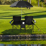 ReunionG Double Folding Camping Chairs, Portable Beach Chairs with Removable Umbrella & Mini Table Carrying Bag, Outdoor Lawn Chairs for Picnic, Patio, Pool, Park (Black)