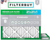 Filterbuy 21x21x1 Air Filter MERV 8 Dust Defense (2-Pack), Pleated HVAC AC Furnace Air Filters Replacement (Actual Size: 20.88 x 20.88 x 0.75 Inches)