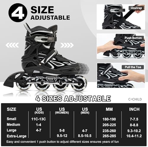 2PM SPORTS Vinal Girls Adjustable Flashing Inline Skates, All Wheels Light Up, Fun Illuminating Skates for Kids Men Adult Women and Boys