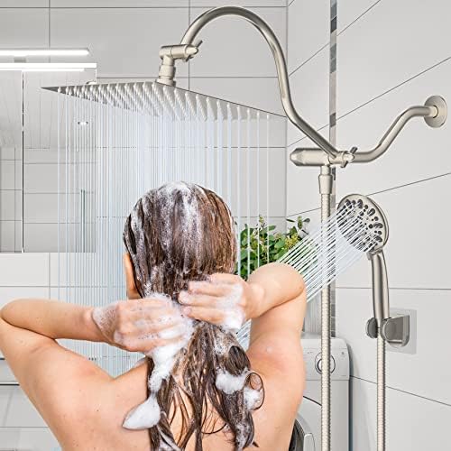 Hibbent All Metal Shower Head, 10'' High Pressure Rainfall Shower Head/Handheld Showerhead Combo/ 12'' Adjustable Curved Shower Extension Arm, 7-Spray, 71'' Hose, Showerhead Holder, Brushed Nickel