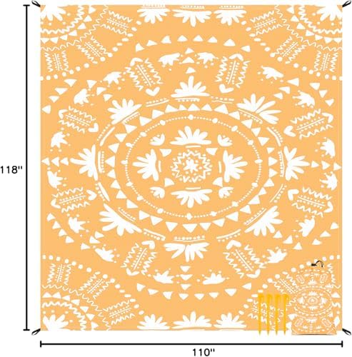 110''×118'' Extra Large Sandproof Beach Blanket 4-8 Adults, Waterproof Foldable Picnic Blankets with 4 Stakes & 4 Pockets, Lightweight Boho Outdoor Beach Mat for Travel, Camping, Hiking