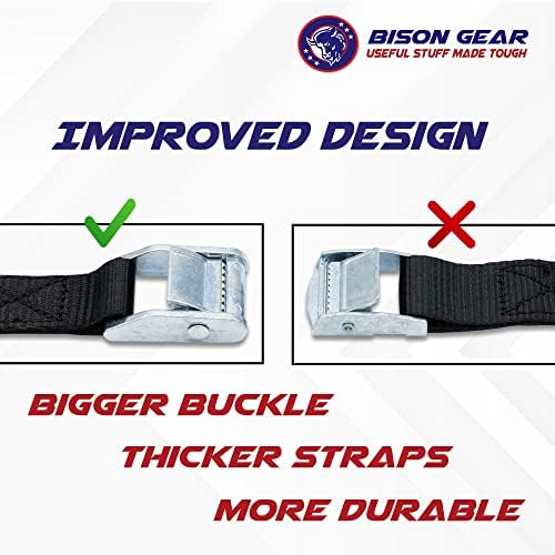 BISON GEAR Premium Tie Down Straps - (Car Roof Rack Straps for Surfboard Kayak or Cargo Lashing) 16ft Heavy Duty Cam Straps with Buckles - 4 Pack