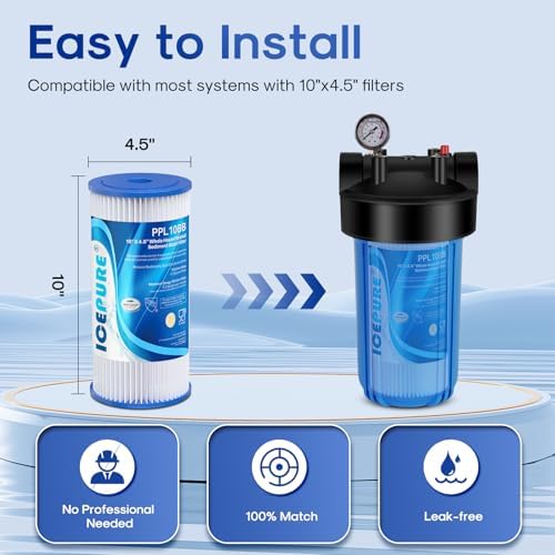 ICEPURE 20 Micron 10" x 4.5" Whole House Sediment Pleated Water Filter Replacement for GE FXHSC, Culligan R50-BBSA, Pentek R50-BB, DuPont WFHDC3001, W50PEHD, GXWH40L, GXWH35F for Well Water, 4PACK