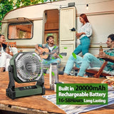 20000mAh Camping Fan, Rechargeable Portable Fan with 400 Lumes Light, 360° Rotatable Hook, 270° Pivot, 4 Speeds, 58Hrs Battery Powered for Tent Car Trip Outdoor BBQ Hurricane Power Outages