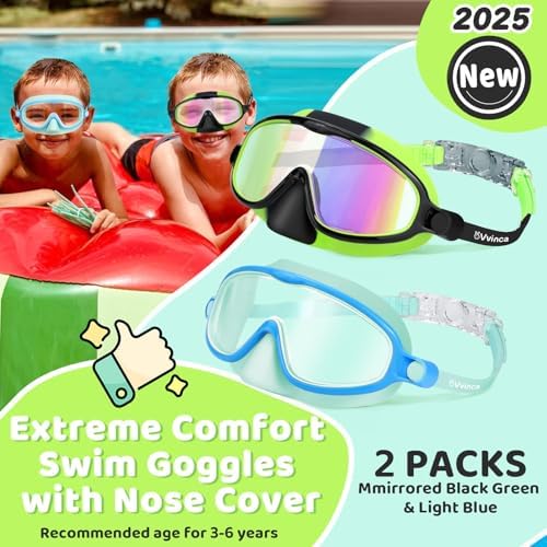 Vvinca 2 Pcs Kids-Swim-Goggles with Nose Cover, Swimming Diving Mask Wide View Anti Fog UV Anti Shattered Lens for Kids 3-6