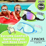 Vvinca 2 Pcs Kids-Swim-Goggles with Nose Cover, Swimming Diving Mask Wide View Anti Fog UV Anti Shattered Lens for Kids 3-6
