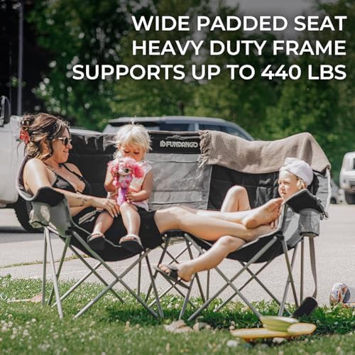 FUNDANGO Oversized Double Camping Chair, 660lbs Heavy Duty 2 Person Folding Padded Loveseat for Adults with Arm Cup Holder for Outdoor Patio Lawn Camp with Carry Bag (Black/Grey)