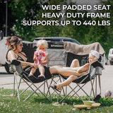 FUNDANGO Oversized Double Camping Chair, 660lbs Heavy Duty 2 Person Folding Padded Loveseat for Adults with Arm Cup Holder for Outdoor Patio Lawn Camp with Carry Bag (Black/Grey)