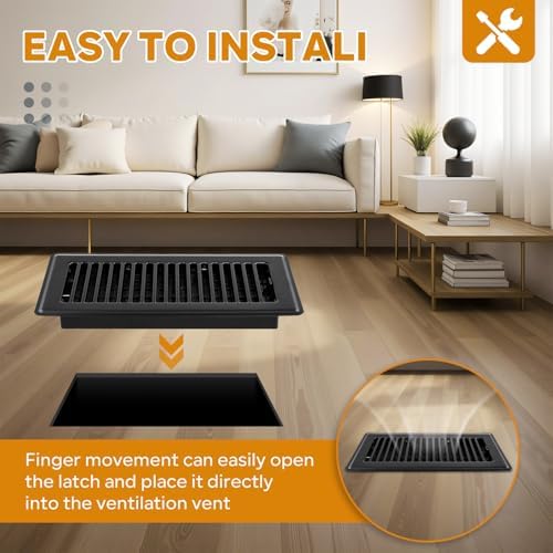 4 x10 Floor Registers, Floor Vent Covers 10 Pack, Heavy Duty Steel Walkable Vent Covers for Home Floor, Easy Adjust Air Supply Lever, for Sidewall and Floor, Black