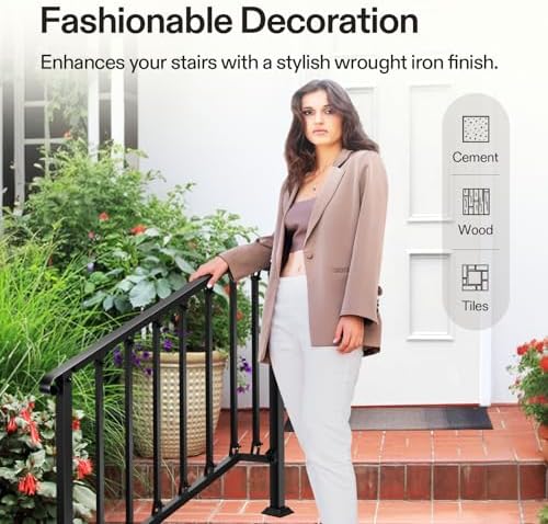 VIVOSUN Outdoor Handrail, 4 Step Stair Handrail, 54" x 36" Fits 1 to 4 Steps, Wrought Mattle Iron Stair Railing with Curved End and Balusters for Concrete Step, Porch Steps, One-Step Assembly, Black