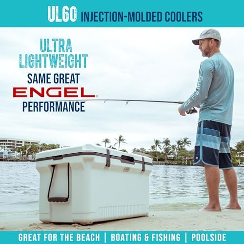 ENGEL 60 QT Ultra-Light Injection Molded Cooler - Ice Chest Keeps Ice up to 7 Days - Large Cooler Includes Wire Basket, Divider and Built-in Bottle Opener