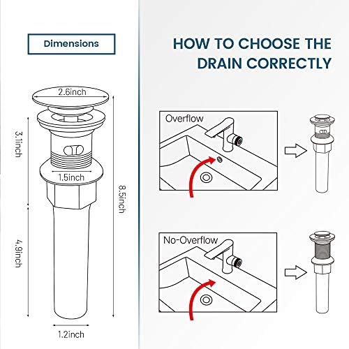 Vessel Sink Drain, Bathroom Faucet Vessel Sink Pop Up Drain Stopper, Built-In Anti-Clogging Strainer, with Overflow Matt Black, Fits Standard American Drain Hole(1-1/2" to 1-3/4") RWF083P