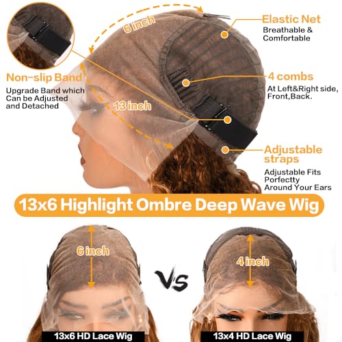 Honey Blonde 13x6 Deep Wave Lace Front Wigs Human Hair 30 inch 4/27 Highlight Ombre Deep Wave HD Transparent Lace Front Wigs Pre Plucked 200% Density Wet And Wavy Curly Lace Frontal Wig for Women
