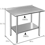 ROCKPOINT Stainless Steel Table for Prep & Work with Backsplash 24x36 Inches, NSF Metal Commercial Kitchen Heavy Duty Table with Adjustable Under Shelf and Table Foot for Restaurant, Home and Hotel