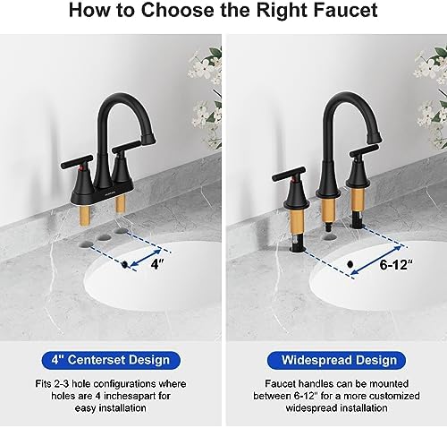 Bathroom Faucets for Sink 3 Hole, Hurran Matte Black Bathroom Sink Faucet with Pop-up Drain and Supply Lines, Stainless Steel Lead-Free Widespread Faucet for Vanity RV Farmhouse, 2 Pack