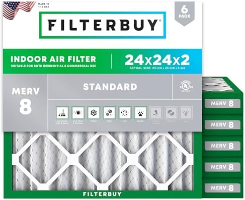 Filterbuy 24x24x2 Air Filter MERV 8 Dust Defense (6-Pack), Pleated HVAC AC Furnace Air Filters Replacement (Actual Size: 23.38 x 23.38 x 1.75 Inches)
