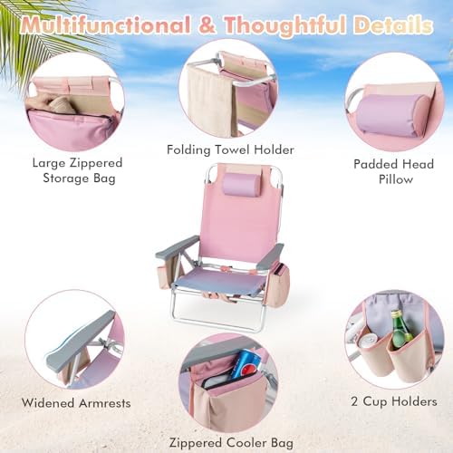 Giantex Folding Beach Chair, Patio Sling Chairs with 5 Adjustable Position, Head Pillow, Storage Bag, Towel Bar, Cup Holders, Backpack Chairs for Sunbathing, Camping Chair