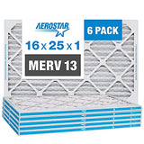Aerostar 16x25x1 MERV 13 - 6 Count - Pleated HVAC, Furnace & Air Conditioner Filters - Removes Bacteria, Dust, Cold & Flu Germs, Lint, Mold, Pet Dander, Allergy-Causing Pollen, Smog, Smoke & Viruses