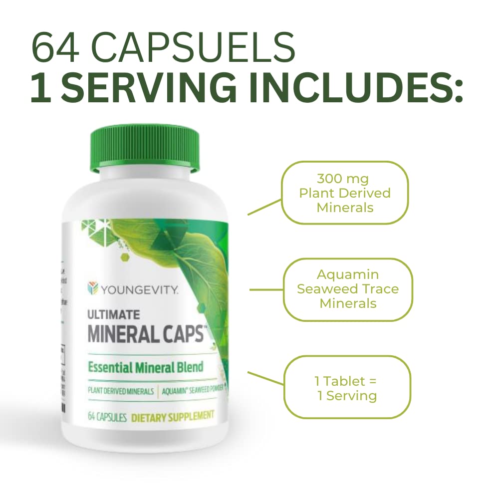 Youngevity Ultimate Mineral Caps™ - 70+ Essential Full Spectrum Trace Minerals - Nutrient-Dense, Derived from Humic & Aquamin Seaweed (64 Capsule)