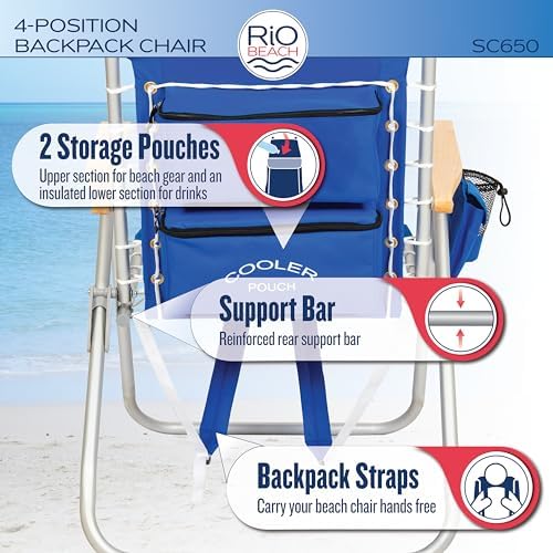 Rio Brands 4-Position Hi-Boy Backpack Beach Chair, Folding Chair for Outdoors, Stripe