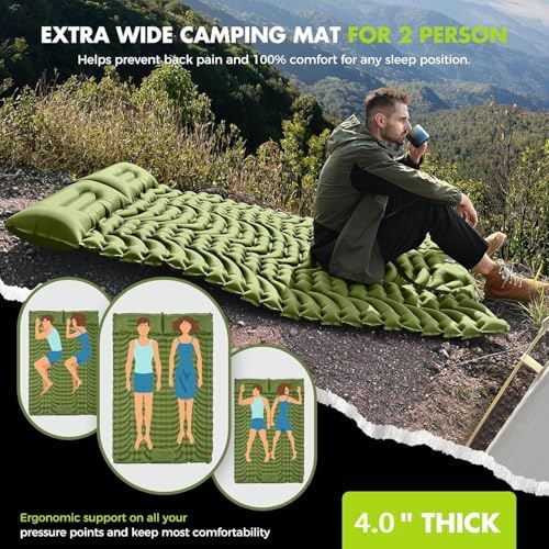 Camping Sleeping Pad,Double Sleeping Pad for Camping-Self Inflating 4" Extra-Thick for 2 Person with Pillow Built-in Foot Pump Inflatable Sleeping Mat for Backpacking,Hiking,Traveling,Tent