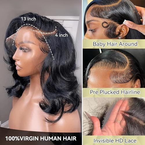 14 Inch Bob Wig Human Hair Glueless 13X4 HD Lace Front Wigs Human Hair Pre Plucked 180 Density 100% Real Human Hair Short Body Wavy Bob Wigs for Black Women Super Soft and Natural Black Color