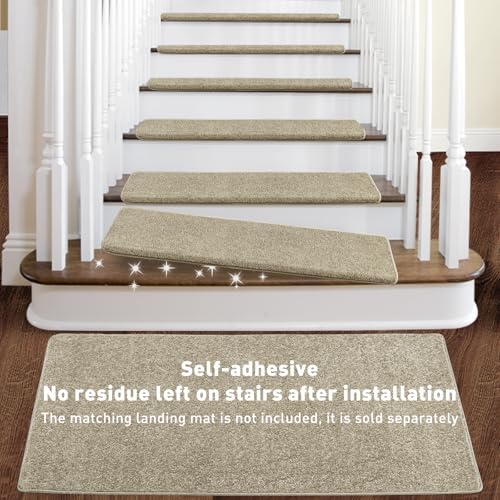 PURE ERA Bullnose Carpet Stair Treads Set Tape Free Non-Slip Indoor Stair Protectors Pet Friendly Rugs Covers Soft Skid Resistant Washable Reusable 9.5" x 30"(14 Pieces,Cream Gray)