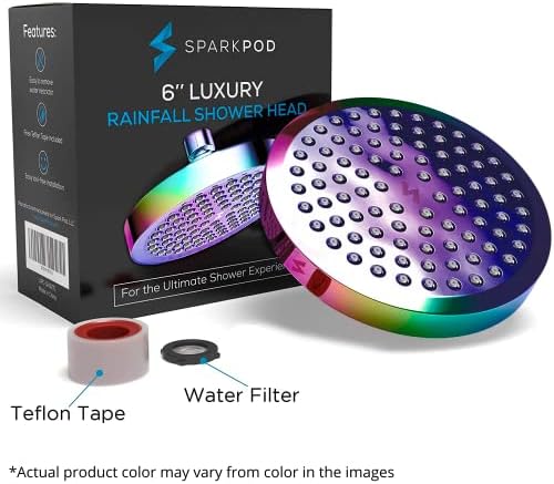 SparkPod Shower Head - High Pressure Rain - Premium Quality Luxury Design - 1-Min Install - Easy Clean Adjustable Replacement for Your Bathroom Shower Heads (Radiant Rainbow, 6 Inch Round)