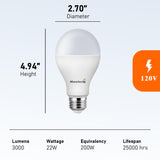 Maelsrlg 200 Watt LED Bulb Equivalent, A21 22W 3000 Lumen LED Light Bulb, Daylight 5000K, Non-Dimmable E26 Medium Base 120V-High Output 200W LED Light Bulbs for Garage, Shop, Warehouse, 4-Pack