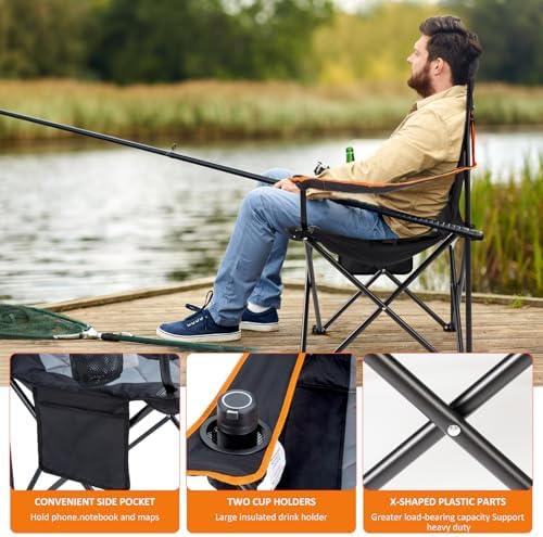 EMERIT 2 Pack Oversized Padded Camping Chair, 350LB Heavy Duty Quad Fold Chair with Arms, Collapsible Outdoor Chairs with Lumbar Back & Cup Holder