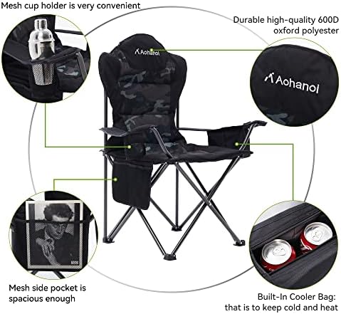 Camping Chairs, Outdoor Folding Chairs 2 Pack for Heavy People, Folding Chairs for Outside, Camp Chairs with Cup Holder & Cooler Bag, Supports up to 300lbs (2 Pcs, Camo)
