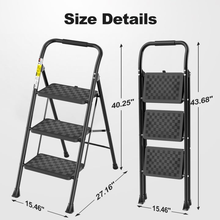 HBTower 3 Step Ladder, 3 Step Stool for Adults, 3 Step Ladder Folding Step Stool with Cushioned Handle Step Ladder with Wide Pedal Ergonomic Design,Black