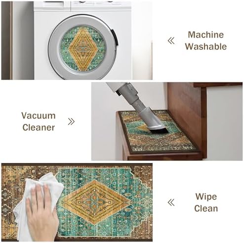 Carpet Stair Treads Non Slip 15PCS, 8" X 30" Edging Stair Runner for Wooden Steps Indoor, Resistant Stair Rug with Reusable TPE Adhesive Backing, Residue Free Mat for Elders, Pets, Amber&Cyan