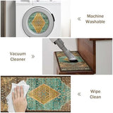 Carpet Stair Treads Non Slip 15PCS, 8" X 30" Edging Stair Runner for Wooden Steps Indoor, Resistant Stair Rug with Reusable TPE Adhesive Backing, Residue Free Mat for Elders, Pets, Amber&Cyan