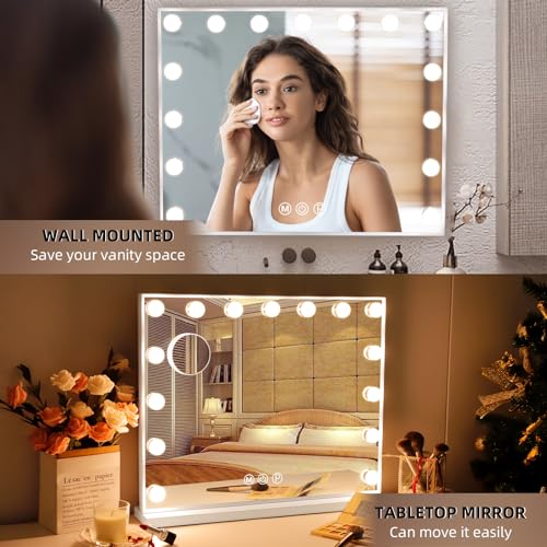 Hansong Vanity Mirror with Lights, 22''x18'' Hollywood Mirror, Makeup Mirror with 15 Dimmable Bulbs, 10X Magnification and USB Charging Port, White