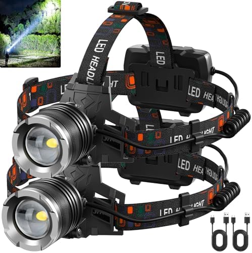 LED Rechargeable Headlamp, 3000 Lumens Super Bright Head Lamp with 5 Modes, 90°Adjustable, USB Rechargeable, Waterproof LED Headlamps for Adults Camping, Hiking, Climbing (2 Pack)