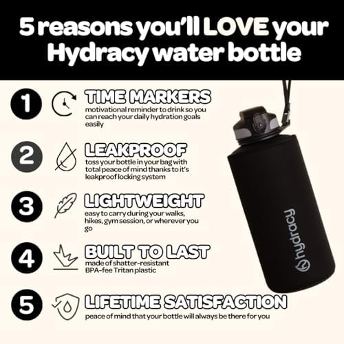 Hydracy Water Bottle with Time Marker -Large BPA Free Water Bottle & No Sweat Sleeve -Leak Proof Gym Bottle with Fruit Infuser Strainer & Times to Drink -Ideal for Fitness Sports & Outdoors
