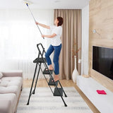 4 Step Ladder, Protable Steel Folding Stool with Wide Anti-Slip Pedal, 500lbs Sturdy Steel Ladder, Black