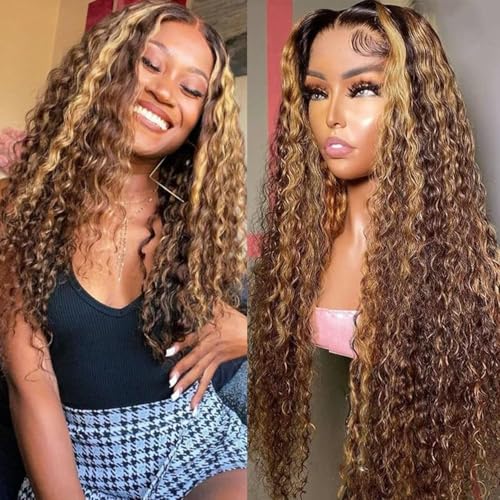 Honey Blonde 13x6 Deep Wave Lace Front Wigs Human Hair 30 inch 4/27 Highlight Ombre Deep Wave HD Transparent Lace Front Wigs Pre Plucked 200% Density Wet And Wavy Curly Lace Frontal Wig for Women