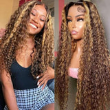 Honey Blonde 13x6 Deep Wave Lace Front Wigs Human Hair 30 inch 4/27 Highlight Ombre Deep Wave HD Transparent Lace Front Wigs Pre Plucked 200% Density Wet And Wavy Curly Lace Frontal Wig for Women