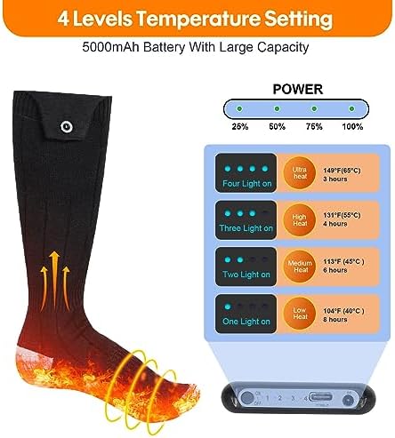 Heated Socks for Men Women - Rechargeable, Washable, 5000mAh Battery With 4 Heating Levels for Hunting, Camping, Hiking, Walking, Fishing, Cycling, Outdoor Work