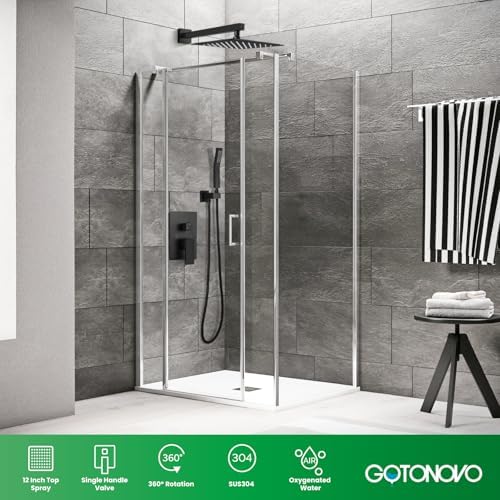 gotonovo Rainfall Bathroom Shower System Rain Shower Head and Handle Set Wall Mounted Shower Complete Combo Solid Brass Pressure Balancing Shower Mixer Valve 12 Inch Matte Black