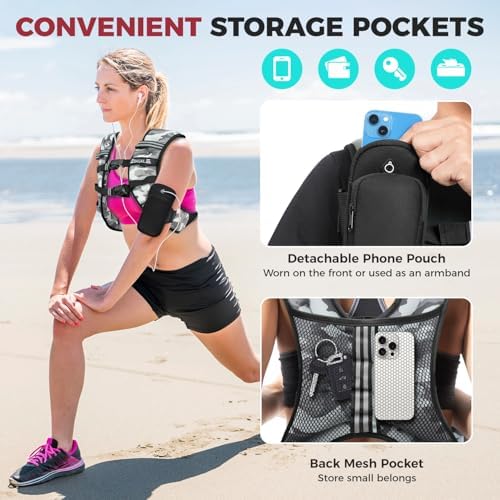 BAGAIL Weighted Vest, 5lbs/10lbs/12lbs/15lbs/20lbs/25lbs/30lbs Weight Vest with Detachable Pouch, Rucking Vest for Women, Men, Walking, Weight Loss, Training, Running