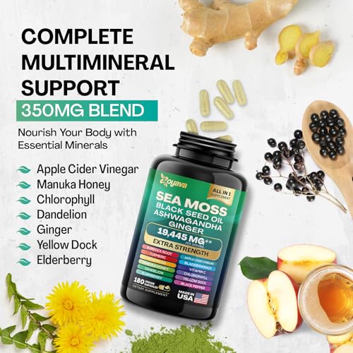 Sea Moss 7000mg Black Seed Oil 4000mg Ashwagandha 2000mg Turmeric 2000mg Bladderwrack 2000mg Burdock 2000mg & Ginger Vitamin C Vitamin D3 with Elderberry Manuka Dandelion Yellow Dock Chlorophyll ACV