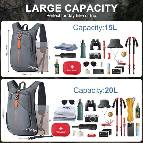 15L Small Hiking Backpack for Men Women Foldable Packable Back Pack Ultralight Hiking Daypack for Travel Camping Outdoor, Gray