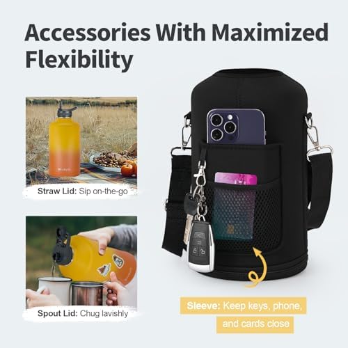 One Gallon Water Bottle Insulated with DIY Stickers, Triple Wall Vacuum Cold for 48 Hrs Leak-proof Non-BPA, 128oz Large Sports Stainless Steel Water Jug with Paracord Handle Straw Spout Lids