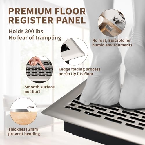 Floor Register 4x10 Inches - Heavy Duty Walkable Steel Floor Vents - Ease Adjust Air Flow Direction Floor Registers - Satin Nickel Floor Vent Covers - Boston Design Air Vents for Home