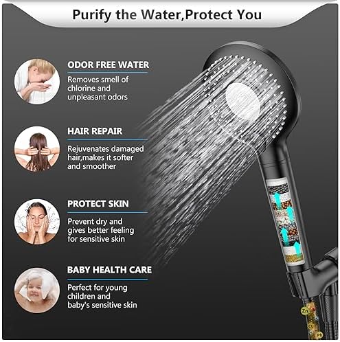 FEELSO Filtered Shower Head with Handheld, High Pressure 3 Spray Mode Showerhead with 15 Stage Water Softener Filters Beads for Hard Water - Remove Chlorine - Reduces Dry Itchy Skin, Matte Black
