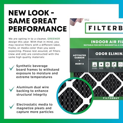 Filterbuy 20x20x1 Air Filter MERV 8 Odor Eliminator (4-Pack), Pleated HVAC AC Furnace Air Filters Replacement with Activated Carbon (Actual Size: 19.50 x 19.50 x 0.75 Inches)